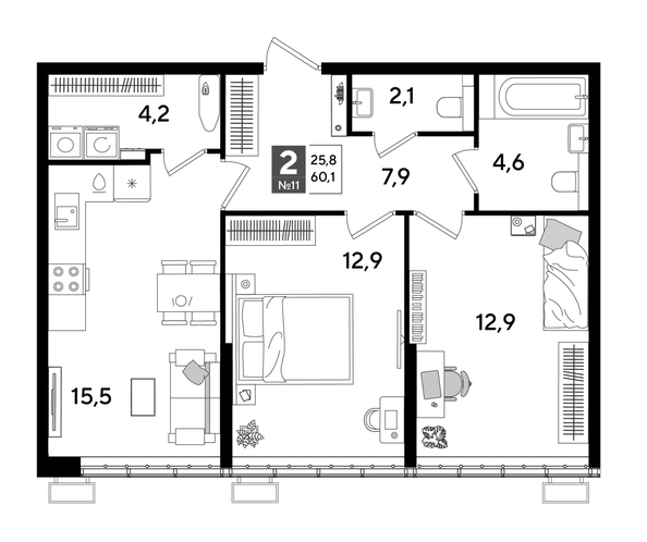 
  Продается 2-комн. квартира 59.6 м², в ЖК ДОГМА ПАРК, лит 17. Фото 1.