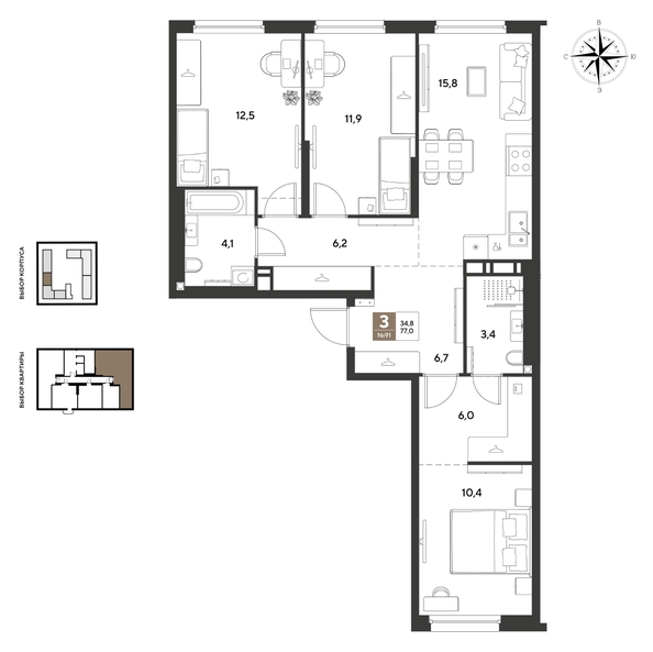 
  Продается 3-комн. квартира 77 м², в ЖК ГРЕЙД, литер 14. Фото 1.