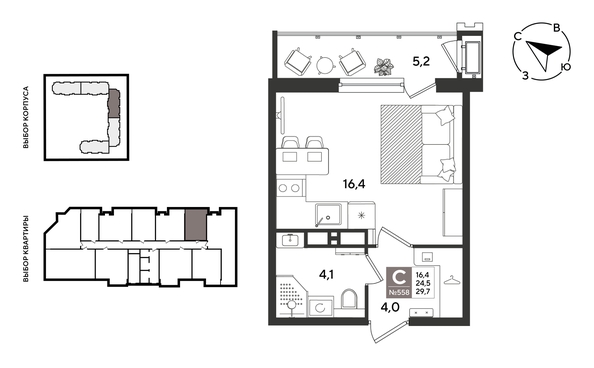 
  Продается студия 29.2 м², в ЖК Рекорд 2, литера 1. Фото 1.