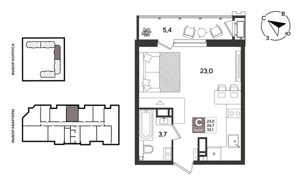 
  Продается студия 31.7 м², в ЖК Рекорд 2, литера 1. Фото 1.