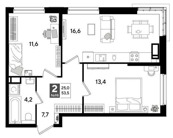 
  Продается 2-комн. квартира 53.5 м², в ЖК ДОГМА ПАРК, лит 20. Фото 1.