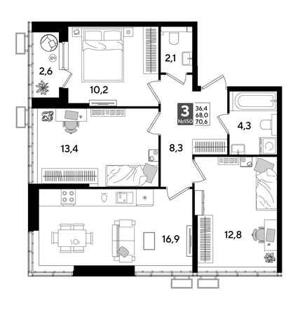 
  Продается 3-комн. квартира 69.6 м², в ЖК ДОГМА ПАРК, лит 20. Фото 1.