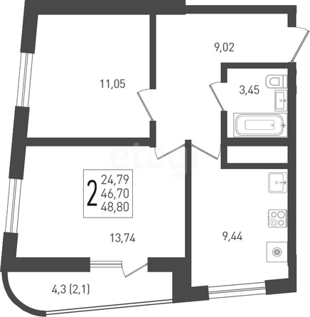 
  Продается 2-комн. квартира 48.8 м², в ЖК Огурцы, литера 2. Фото 1.