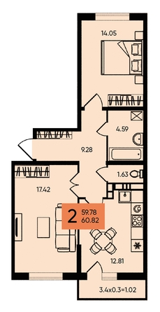 
   Продам 2-комнатную, 60.82 м², Западный Обход ул, 65а

. Фото 1.