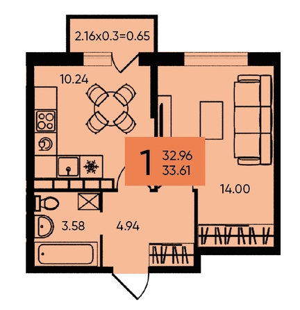 
   Продам 1-комнатную, 33.61 м², Западный Обход ул, 65а

. Фото 1.