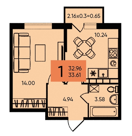 
   Продам 1-комнатную, 33.61 м², Западный Обход ул, 65а

. Фото 2.