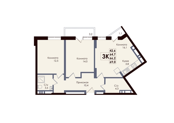 
  Продается 3-комн. квартира 67.58 м², в ЖК Академия, 1 этап. Фото 1.