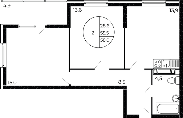 
   Продам 2-комнатную, 58 м², Флора, литера 1.1

. Фото 3.