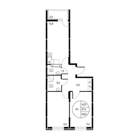 
   Продам 3-комнатную, 58.9 м², Панорама на Театральном, литера 1

. Фото 3.