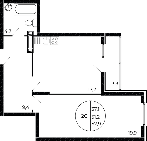 
   Продам 2-комнатную, 52.9 м², Флора, литера 1.2

. Фото 2.