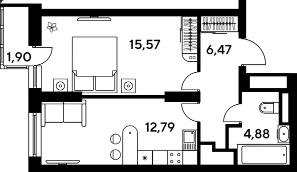 
   Продам 1-комнатную, 42.41 м², Малина Парк, дом 4

. Фото 1.