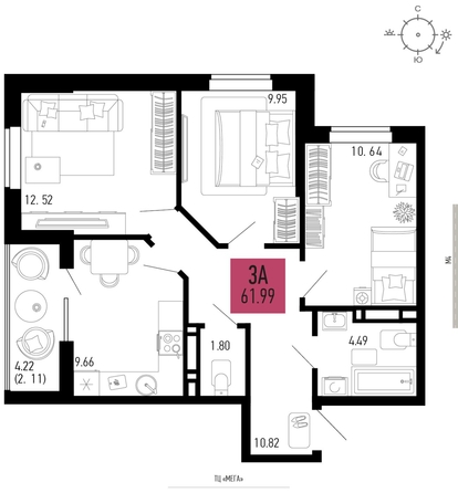 
   Продам 3-комнатную, 61.99 м², СТОЛИЦЫНО, литер 1.1

. Фото 1.