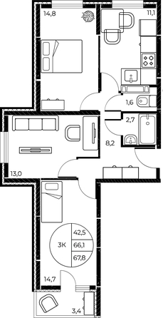 
   Продам 3-комнатную, 67.8 м², Панорама на Театральном, литера 1

. Фото 2.