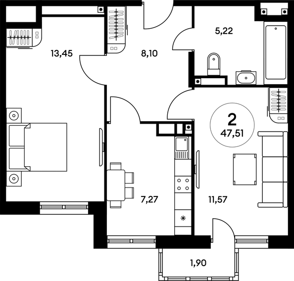 
   Продам 2-комнатную, 47.44 м², Гринсайд, 4.1-4.3

. Фото 1.