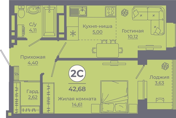 
   Продам 2-комнатную, 42.43 м², Сокольники, литера 8

. Фото 1.