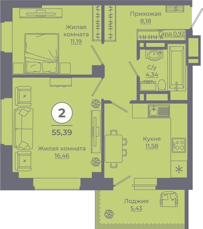 
  Продается 2-комн. квартира, 55.54 м², ЖК Сокольники, литера 9
. Фото 2.
