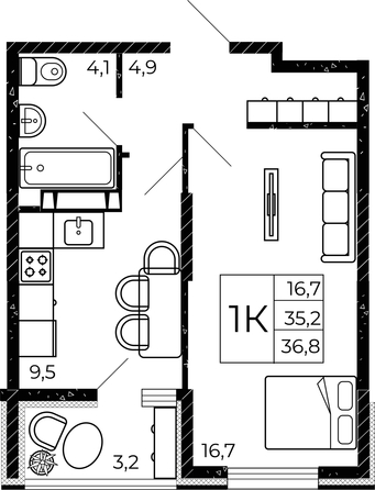 
   Продам 1-комнатную, 36.8 м², Флора, литера 2.1

. Фото 2.