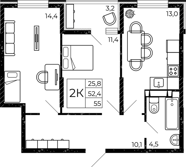 
  Продается 2-комн. квартира, 55 м², ЖК Флора, литера 2.1
. Фото 2.