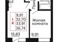 Вишневый сад, дом 3: Планировка 1-комн 33,91 м²