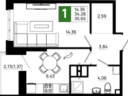 Продается 1-комнатная квартира ЖК Октябрь Парк, 5.1, 35.65 м², 4848400 рублей