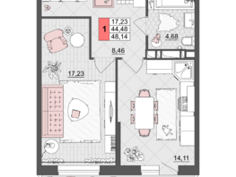 Продается 1-комнатная квартира ЖК Лучший, литер 3, 48.14  м², 7221000 рублей