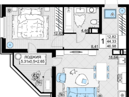 Продается 1-комнатная квартира ЖК Фонтаны, литер 19, 46.98  м², 8926200 рублей