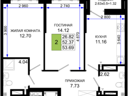 Продается 2-комнатная квартира ЖК Октябрь Парк, 2.2, 53.69  м², 6442800 рублей