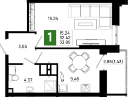 Продается 1-комнатная квартира ЖК Октябрь Парк, 6.1, 33.85 м², 4671300 рублей