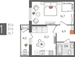 Продается 1-комнатная квартира ЖК Рекорд 2, литера 5, 41.6 м², 8602880 рублей