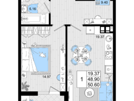 Продается 1-комнатная квартира ЖК Резиденция морей, корпус А, 50.6  м², 14775200 рублей