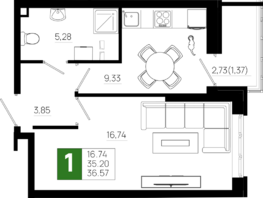 Продается 1-комнатная квартира ЖК Октябрь Парк, 5.2, 36.57  м², 4973520 рублей