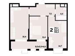 Продается 2-комнатная квартира ЖК МЕГАСИТИ, литера 1.2, 58.4  м², 8347000 рублей