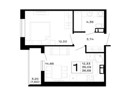 Продается 1-комнатная квартира ЖК Горные высоты, литер 5.3, 36.69  м&sup2;, 5466810 рублей