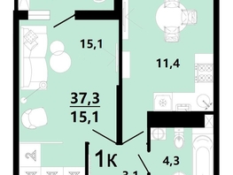 Продается 1-комнатная квартира ЖК Горячий, литера 3, 37.4 м², 5180000 рублей