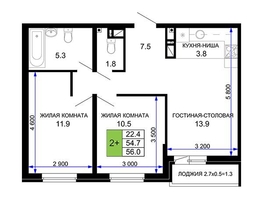 Продается 2-комнатная квартира ЖК Дыхание, литер 21, 56  м², 5090000 рублей