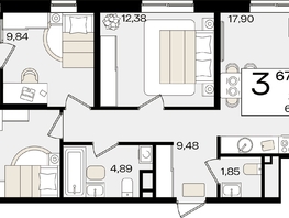 Продается 3-комнатная квартира ЖК Патрики, литер 1.5, 67.58  м², 19361670 рублей