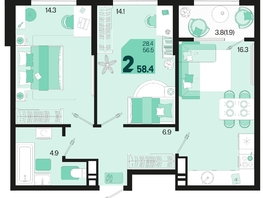 Продается 2-комнатная квартира ЖК Первое место, квартал 1.2, литер 1, 58.4  м², 8876800 рублей