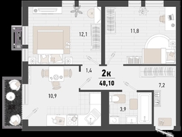 Продается 2-комнатная квартира ЖК Барса, 2В литер, 48.1  м², 12943710 рублей