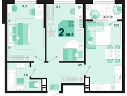 Продается 2-комнатная квартира ЖК Первое место, квартал 1.3, литер 2, 58.4  м², 8351200 рублей