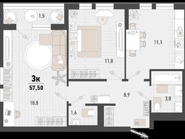 Продается 2-комнатная квартира ЖК Барса, 3В литер, 57.5  м², 16238000 рублей