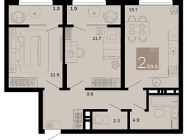 Продается 2-комнатная квартира ЖК Хозяин морей, литер 1, 59.8  м², 15129400 рублей