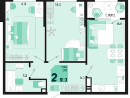 Продается 2-комнатная квартира ЖК Первое место, квартал 1.4, литер 2, 61  м², 8052000 рублей