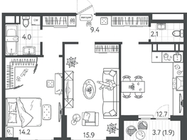 Продается 2-комнатная квартира ЖК Все Свои VIP, литера 4, 59.3  м², 14409900 рублей