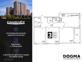 Продается 3-комнатная квартира ЖК Самолет, литера 59, 73.2 м², 9845400 рублей