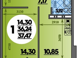 Продается 1-комнатная квартира ЖК Молодежный 2, литера 14, 37.47  м², 5331981 рублей