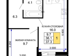 Продается 1-комнатная квартира ЖК Дыхание, литер 27, 37.3 м², 5259300 рублей