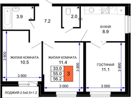 Продается 3-комнатная квартира ЖК Дыхание, литер 27, 56.2  м², 6744000 рублей