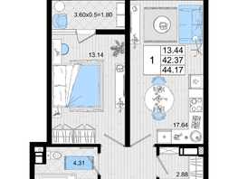 Продается 1-комнатная квартира ЖК Резиденция морей, корпус В, 44.17  м², 10700182 рублей