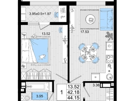 Продается 1-комнатная квартира ЖК Резиденция морей, корпус В, 44.15  м², 10695337 рублей
