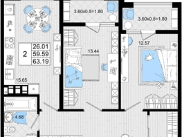 Продается 2-комнатная квартира ЖК Резиденция морей, корпус В, 63.19  м², 13964990 рублей